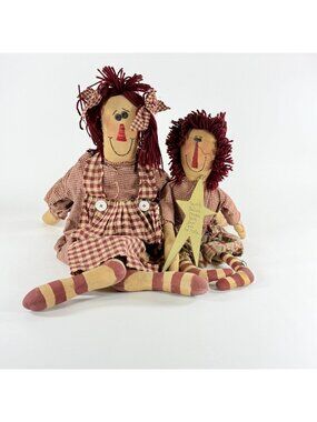 Primitive Country Decor Raggedy Fabric Dolls Pair W/Gingham Dresses Yarn Hair